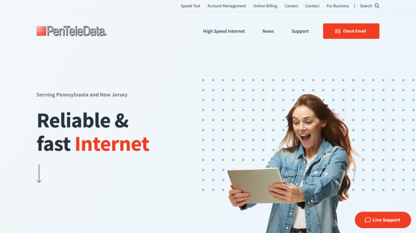 Homepage promoting reliable and fast internet services with a smiling woman holding a tablet.
