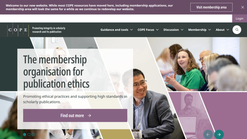 Homepage of COPE, promoting publication ethics with a call to action button.
