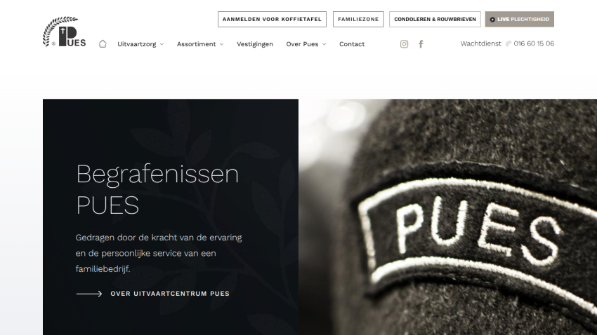 Funeral service website with navigation and hero text about personal family service by Uitvaartcentrum Pues.