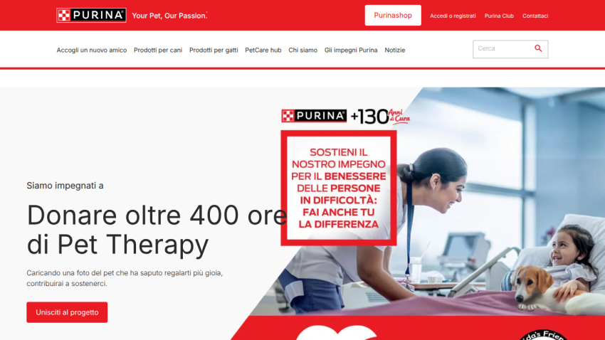 Purina website promoting over 400 hours of Pet Therapy with a nurse, child, and dog in a hospital setting