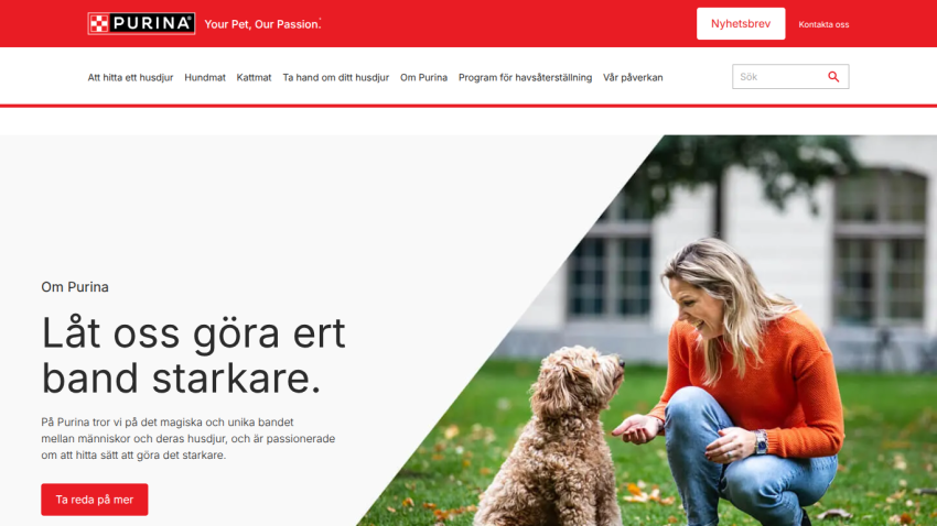 Purina website hero section with a woman interacting with a dog and text about strengthening the bond between pets and owners
