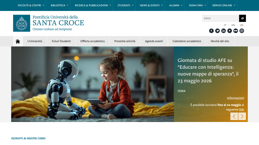Homepage of Santa Croce University featuring a view of Rome and event information.