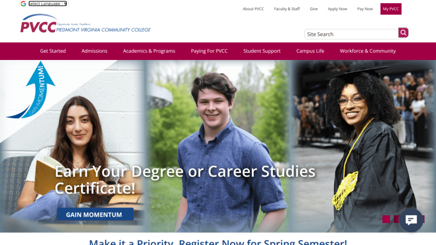 Piedmont Virginia Community College homepage with navigation and a hero section promoting degree or career studies certificates