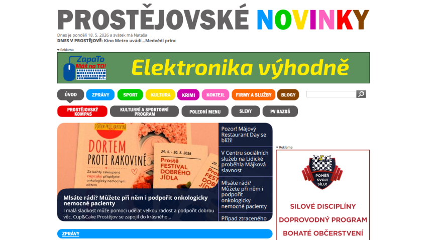 Homepage of Prostějovské Novinky featuring news articles and navigation links.