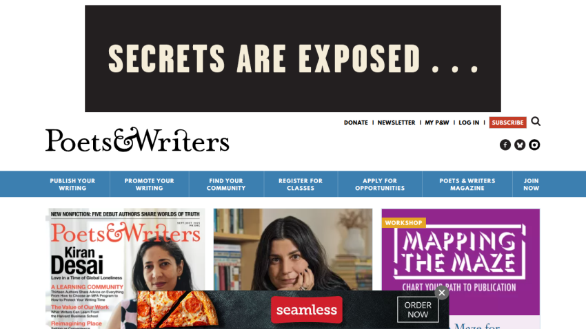 Homepage of Poets & Writers featuring a headline and magazine covers.