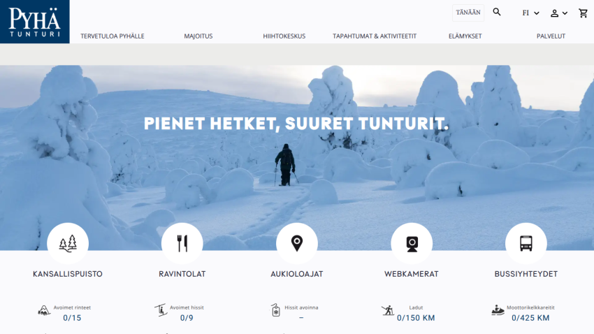 Winter landscape with snow-covered trees and a person skiing, navigation links for national park, restaurants, opening hours, webcams, and bus connections