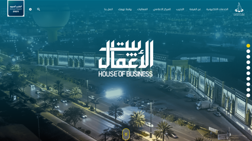 Homepage of House of Business featuring a nighttime cityscape with palm trees and prominent text.