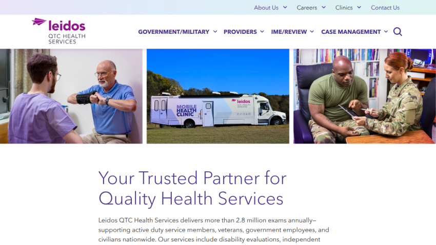 Leidos QTC Health Services homepage featuring healthcare professionals and a service vehicle.