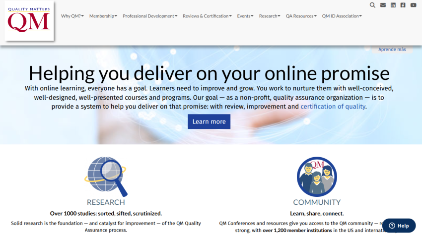 Quality Matters website helping deliver online learning goals with research and community resources