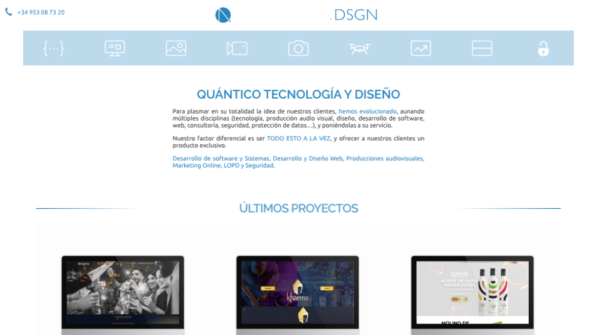 Website header with contact info, navigation icons, and sections on technology, design, and recent projects