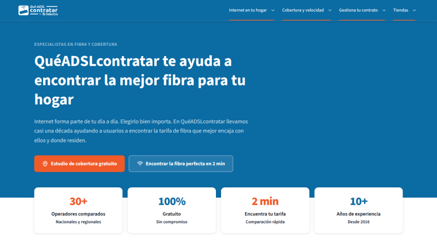 Website offering assistance in finding the best fiber internet for homes, featuring key statistics and a call to action.