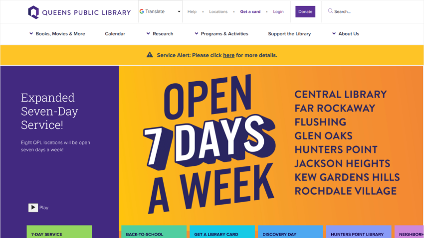 Queens Public Library homepage highlighting expanded service hours and locations open seven days a week.