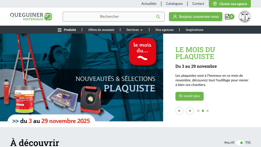 Queguiner Materiaux homepage featuring November promotion for plasterers with tools and dates from Nov 3 to 29, 2025