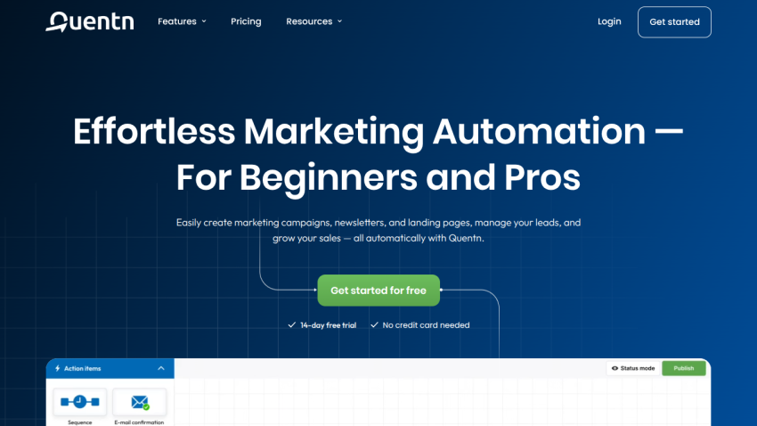 Marketing automation platform homepage offering effortless campaign creation with a free trial and no credit card needed.