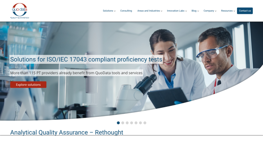 Homepage offering ISO/IEC 17043 compliant proficiency test solutions with a call to explore solutions and image of scientists in a lab