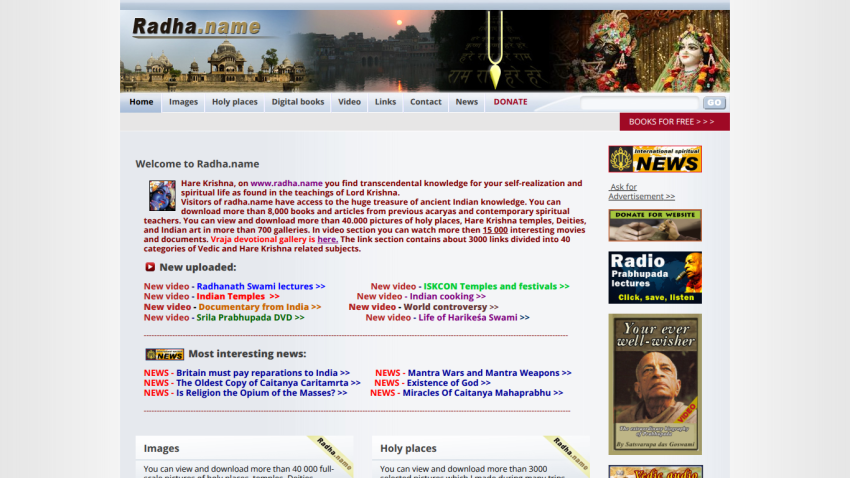 Homepage of Radha.name featuring welcome message and links to various sections.