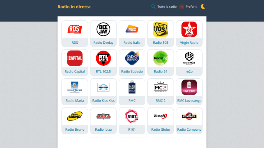 Radio in diretta page showing logos and names of various Italian radio stations for live listening.