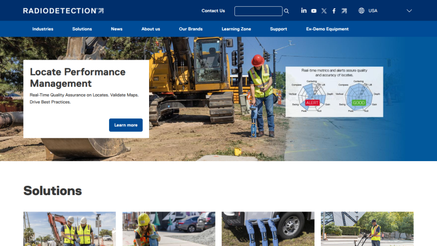 Website homepage showing Locate Performance Management with real-time quality assurance and validation tools for locates.