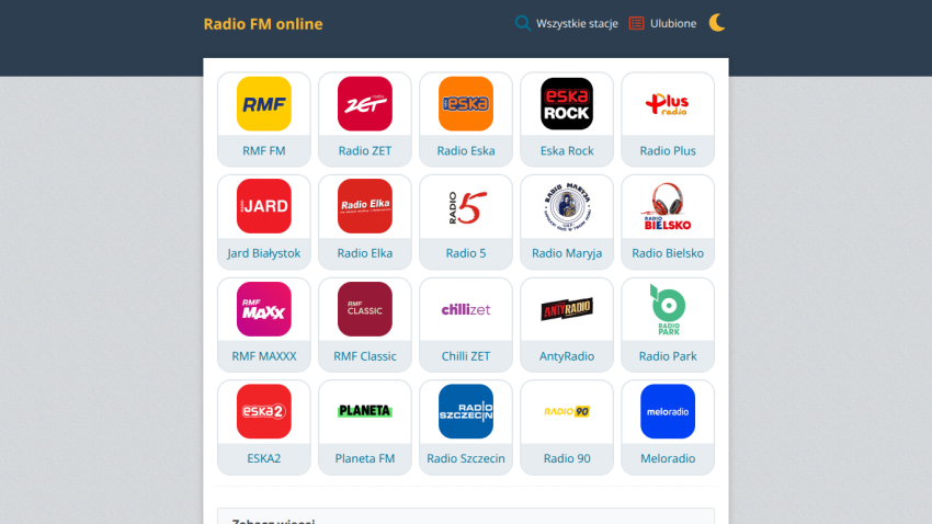 Grid of radio station icons for online listening options.
