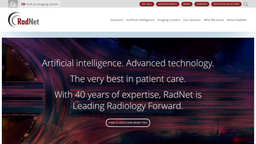 RadNet's homepage highlights AI and advanced technology in patient care.