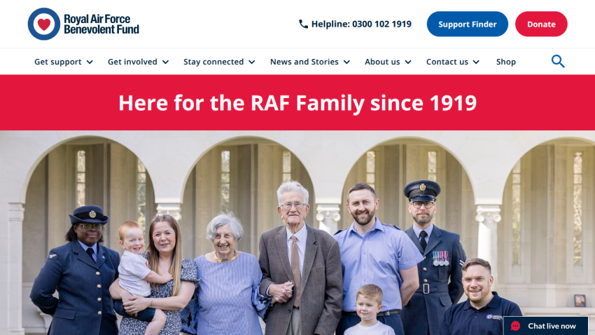 Royal Air Force Benevolent Fund homepage with helpline, navigation, and hero section showing diverse RAF family members and slogan