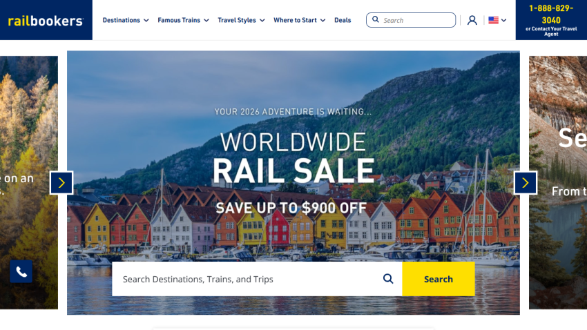 Railbookers homepage featuring a worldwide rail sale with up to $900 off and a search bar for destinations and trips.