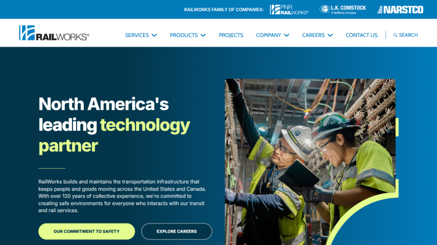 RailWorks homepage highlighting North America's leading technology partner with safety commitment and career exploration options