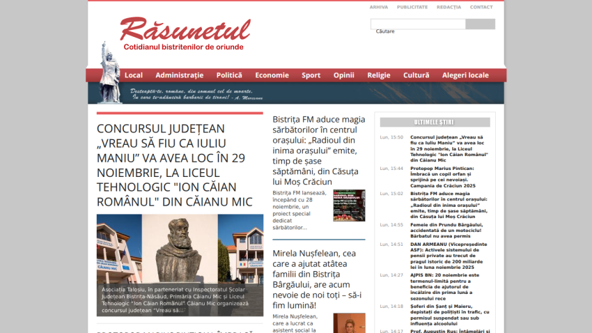 News website Răsunetul with local headlines, navigation menu, and featured articles about a contest and holiday radio program