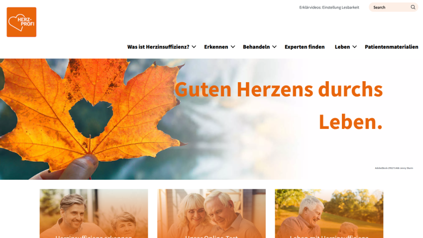 Website about heart health with navigation menu and hero text 'Guten Herzens durchs Leben' over autumn leaf image