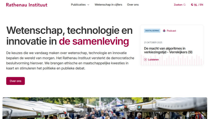 Rathenau Instituut homepage with headline on science, technology, and innovation in society, and a podcast highlight