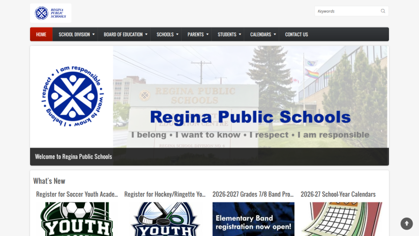 Homepage of Regina Public Schools with navigation links and welcome message.