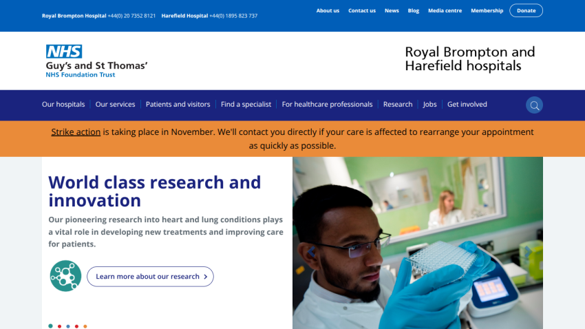 Guy's and St Thomas' NHS Foundation Trust homepage highlighting world class research and innovation in heart and lung conditions