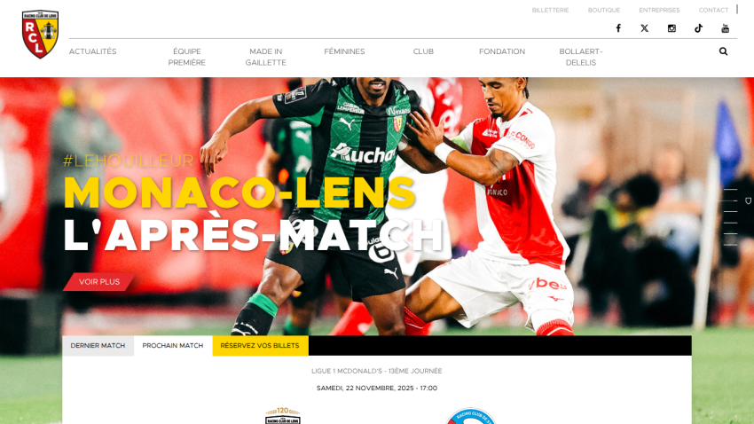 AS Monaco football club website showing Monaco vs Lens post-match with players in action and navigation menu