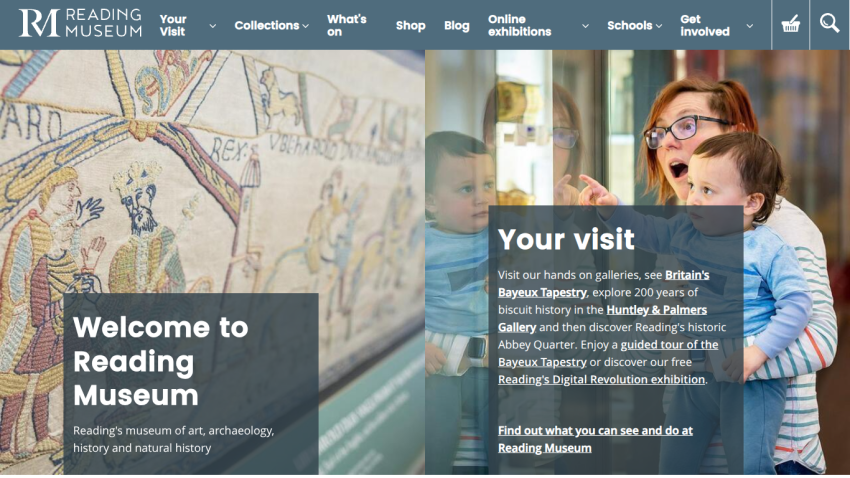 Reading Museum homepage with welcome message and visit information featuring Bayeux Tapestry and exhibitions