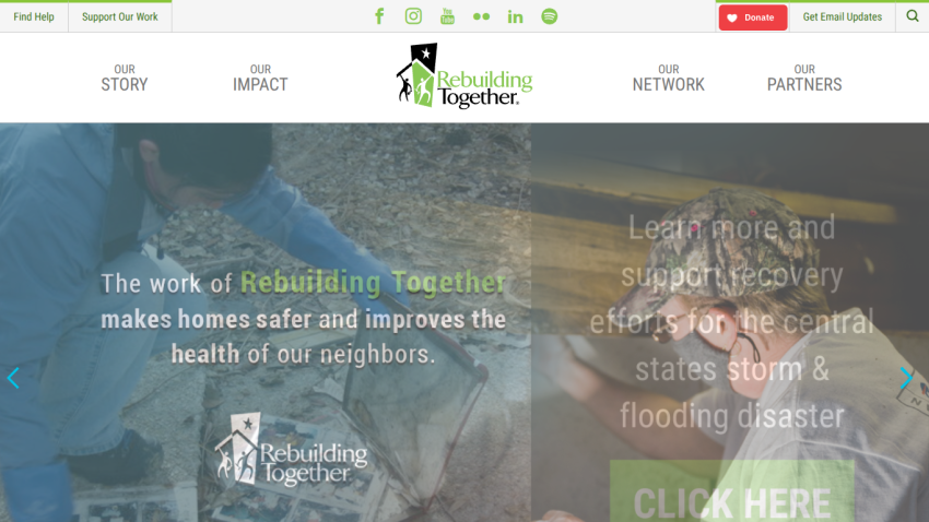 Rebuilding Together homepage with navigation links, social icons, and call to action supporting storm and flooding disaster recovery.