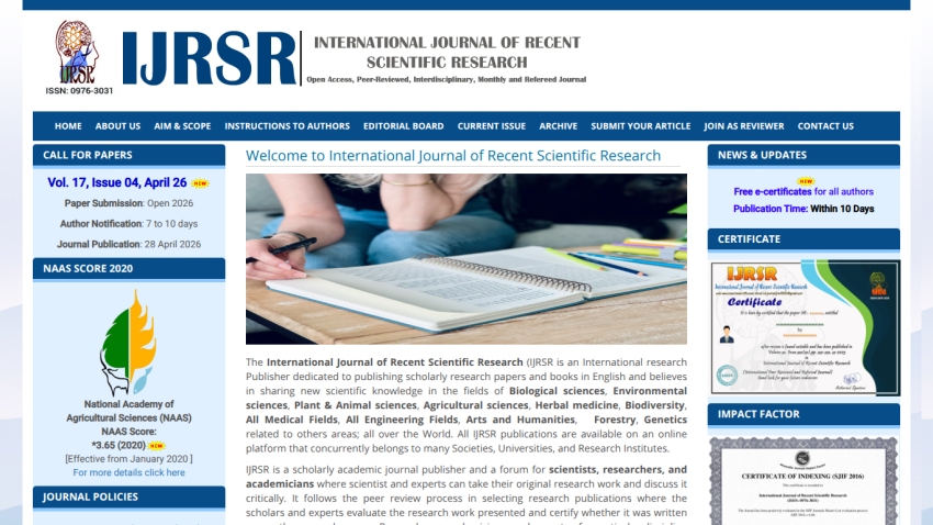 Homepage of the International Journal of Recent Scientific Research with articles and navigation links.