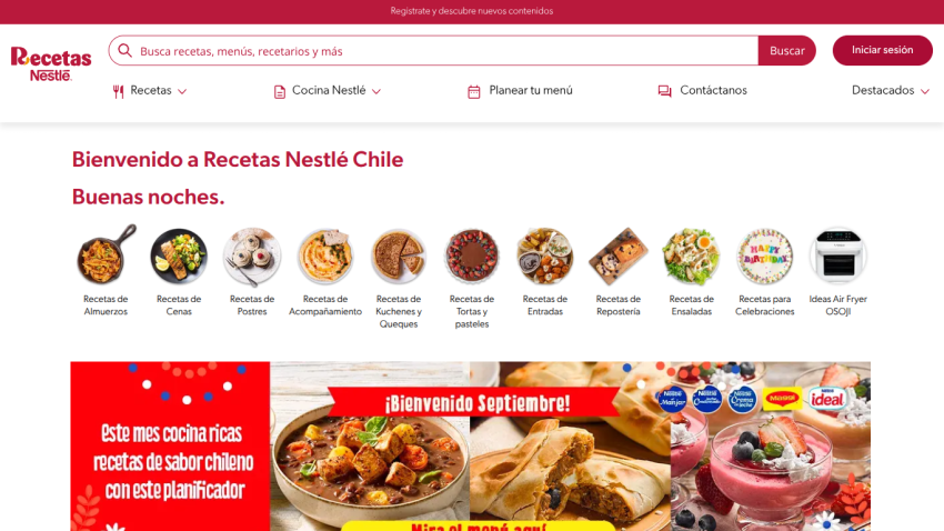 Welcome message and recipe categories on the Nestlé Chile website.