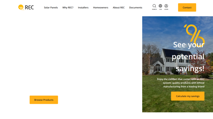 REC website with navigation and hero section promoting solar panel savings and product browsing