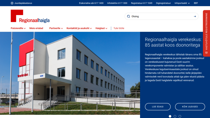 Homepage of Regionaalhaigla featuring a modern building and introductory text.