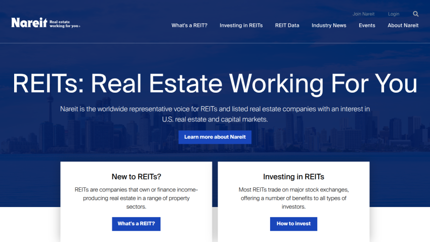 Nareit's homepage featuring REITs information and links to learn more.