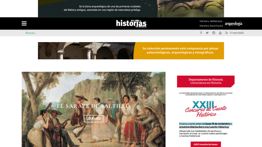 Website about Mexican history featuring an article on El Sarape de Saltillo and a historical story contest announcement