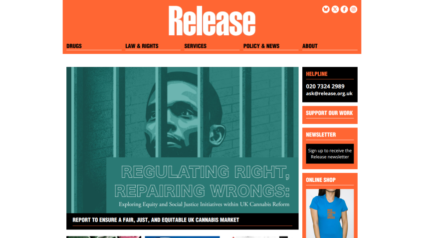 Release website with navigation on drugs, law, services, policy, about, and a hero section on UK cannabis reform equity and social justice