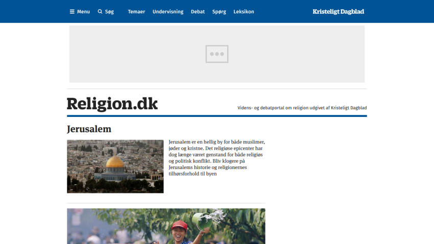 Homepage of Religion.dk featuring articles about Jerusalem and related images.