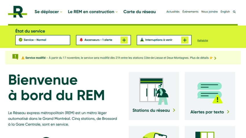 Welcome message for REM automated metro in Greater Montreal with service status and navigation to stations and alerts