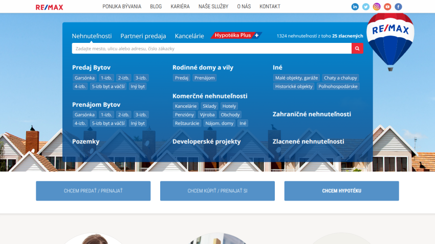 Real estate website header with search bar and navigation links.