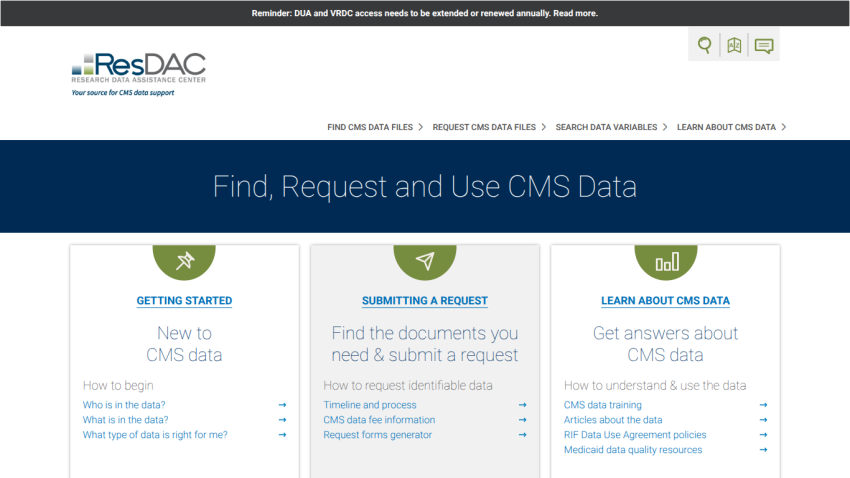 Homepage section for finding and requesting CMS data with three main options.