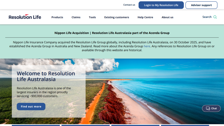 Resolution Life Australasia homepage with welcome message, customer info, and scenic coastal background