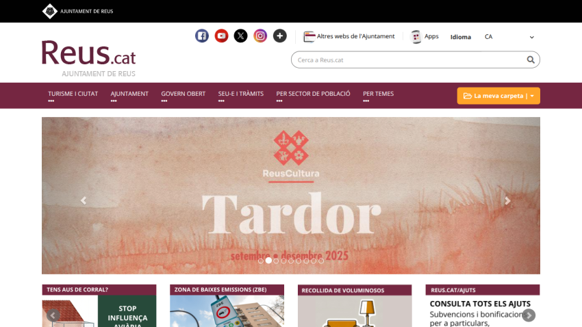 Reus.cat city website with navigation, search bar, social icons, and autumn cultural event banner