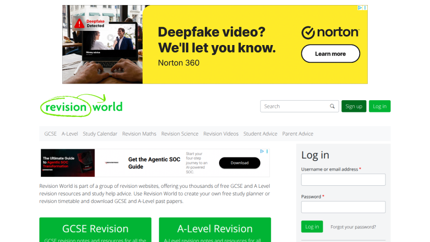 Revision World homepage featuring GCSE and A-Level revision resources with login area.