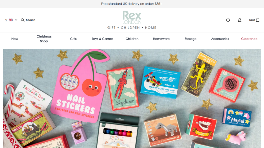 Rex brand website showing holiday-themed stickers and toys in the hero section with navigation menu